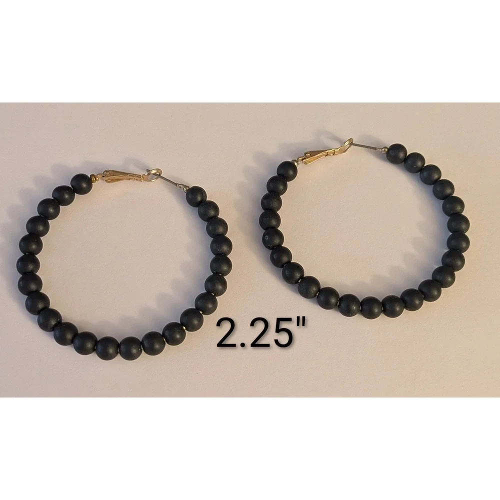 Womens Black Beaded Hoop Earrings Gold Tone Lever Back 2.25 Inch Large Circle